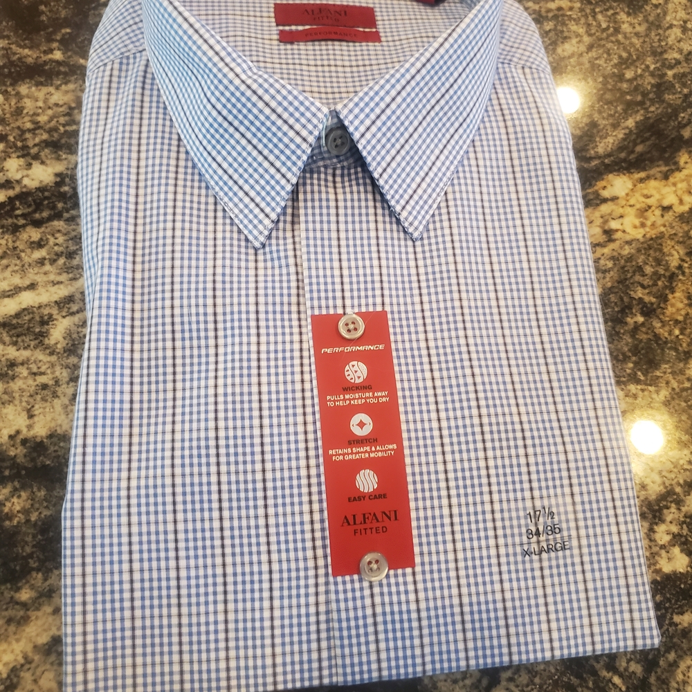 Alfani Men's Blue and White Checkered Fitted Dress Shirt. 34-35 X-Lg.